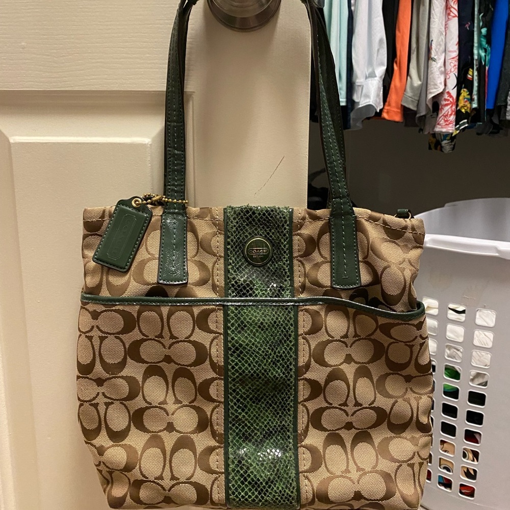 Coach Purse With Green Snakeskin Detail